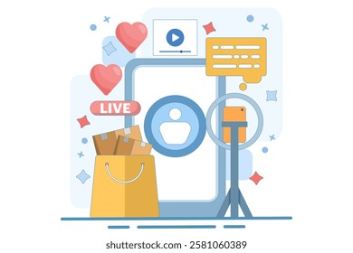 live broadcast host concept. marketing and promotion. explaining product information and interacting with viewers. live streaming and offering products. flat vector illustration on background.