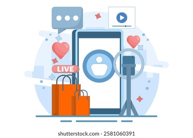 live broadcast host concept. marketing and promotion. explaining product information and interacting with viewers. live streaming and offering products. flat vector illustration on background.