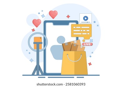 live broadcast host concept. marketing and promotion. explaining product information and interacting with viewers. live streaming and offering products. flat vector illustration on background.