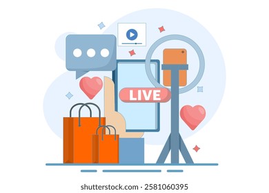 live broadcast host concept. marketing and promotion. explaining product information and interacting with viewers. live streaming and offering products. flat vector illustration on background.