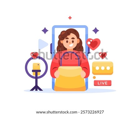 live broadcast host concept. marketing and promotion. Explaining product information and Interacting with viewers. illustration of a woman doing live streaming and offering a product. flat style