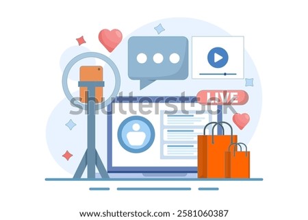 live broadcast host concept. marketing and promotion. explaining product information and interacting with viewers. live streaming and offering products. flat vector illustration on background.