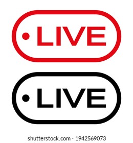 Icono de transmisión en vivo. Transmisión de video en vivo. Símbolos y botones rojos para transmisión en vivo, transmisión en línea. Botones rojos y negros para aplicaciones en vivo y en línea. Ilustración del vector