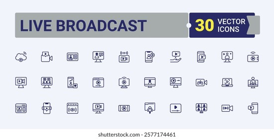 Live Broadcast icons set in linear style. Includes thin line communication, record, phone, internet, movie, computer and more. Set of line pictogram. Solid line editable stroke.
