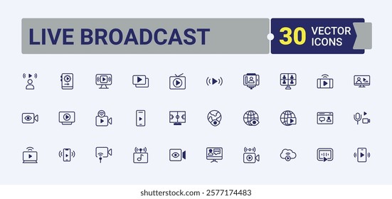 Live Broadcast icons set in linear style. Includes thin line communication, record, phone, internet, movie, computer and more. Set of line pictogram. Solid line editable stroke.