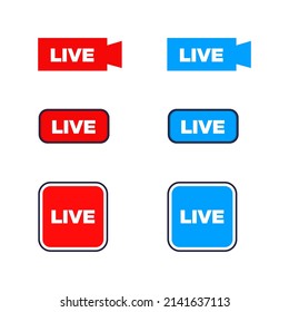 Live broadcast icons set. Red and blue symbols and buttons of live broadcast, broadcast, online broadcast. Template for TV, shows, movies and live performances. Vector