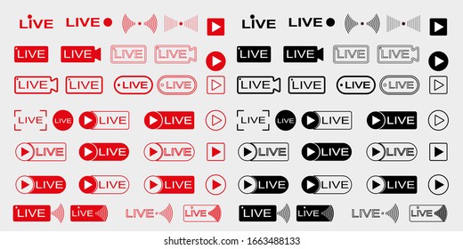 Live broadcast icons set. Live video streaming. Red symbols and buttons for live broadcast, online broadcast. Red and black buttons for live and online applications. Vector illustration