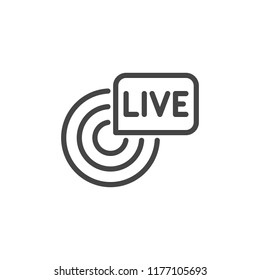 Live broadcast line icon. Reportage, webcast concept symbol. Online tv, radio channel emblem. Outline label. Camera sgin and inscription in bubble. Vector illustration isolated