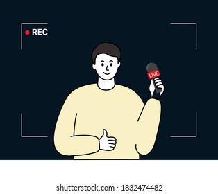 a live broadcast man illustration set. record, on air, interview, microphone, mike. Vector drawing. Hand drawn style.