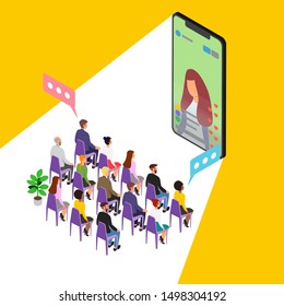 Live broadcast, online video flat isometric vector illustration. Concept template for broadcast on social network, blogging, stories streaming, live video chat. A group of people watching a broadcast