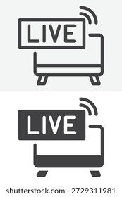 Live-Broadcast-Bildschirm-Symbol in Linie, Umriss und Solid-Style gesetzt. Bearbeitbares Strichvektorzeichen und -symbol für Live-Nachrichtensymbol, Fernsehmedien und Streaming-Symbol.