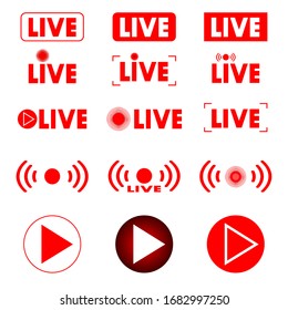 Live broadcast. Set of live streaming icons. Red symbols and buttons for live broadcast, online, broadcasting, online stream. Red buttons for live and online applications. Online video buttons
