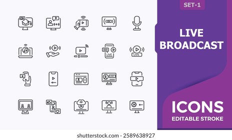 Live broadcast trendy icons. Includes thin line computer, screen, radio, social, media, podcast, web. Minimalist vector collections. Perfect for logos and infographic.