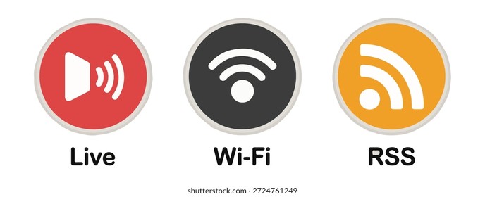 Símbolos de feed RSS e wifi de transmissão ao vivo em círculos coloridos, ideais para mídia, streaming e conteúdo da Web.