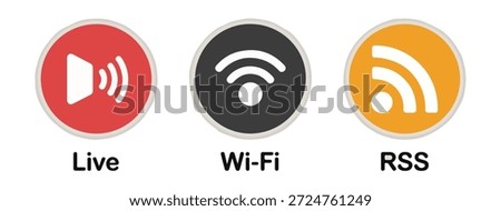Live broadcast wifi and RSS feed symbols in colored circles, ideal for media, streaming, and web content.