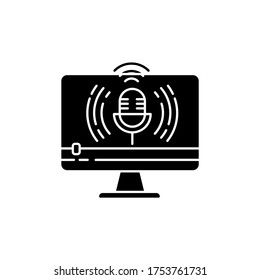Live broadcasting black glyph icon. Web streaming. Vlogger podcast. Video blogging. Digital content. Radio microphone. Silhouette symbol on white space. Vector isolated illustration