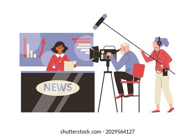 Live broadcasting breaking tv news from television studio with journalist newscaster, camera operator and light. Flat cartoon vector illustration isolated on white.