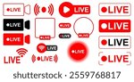 Live broadcasting button live streaming red icon set online video live show interface live stream logo vector button collection