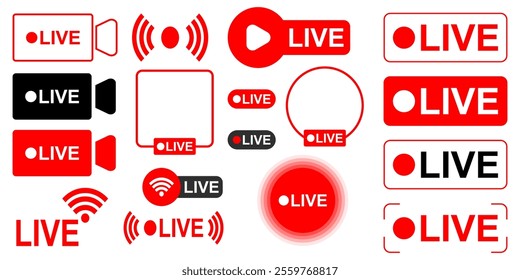 Live broadcasting button live streaming red icon set online video live show interface live stream logo vector button collection