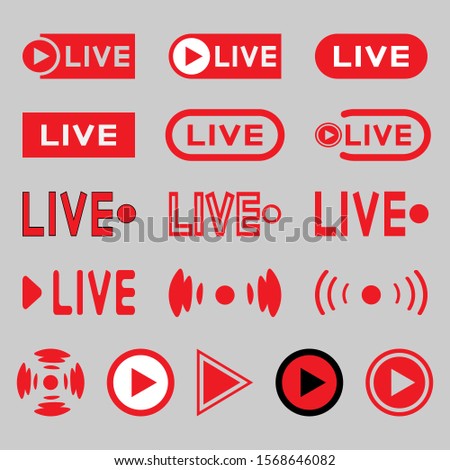 Live broadcasting icons set. Red symbols and buttons for live broadcast, broadcast, online broadcast. Vector