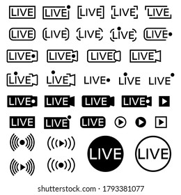 Icono de transmisión en vivo. Conjunto de iconos de streaming en vivo. Símbolos y botones negros para streaming, grabación, flujo en línea. Tercera plantilla inferior para televisión, programas, películas y actuaciones en tiempo real. Vector