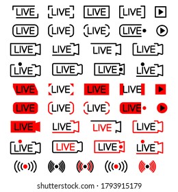 Live broadcating icon. Set of live streaming icons. Black and red symbols for streaming, record, online stream, show. Editable stroke. Set of broadcast buttons, isolated on white background. Vector