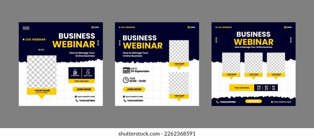 Live business webinar social media post template. Online webinar banner invitation.