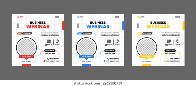 Live business webinar social media post template.  Online webinar banner invitation.