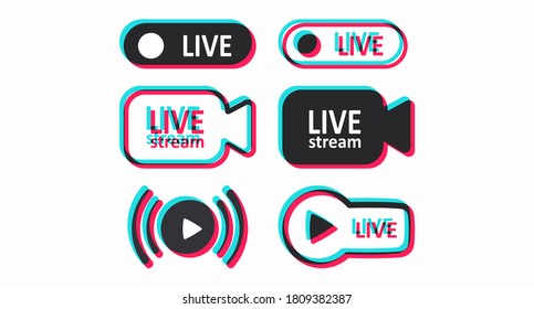 Live buttons isolated on a light background. A set of colored buttons for live broadcasts, video blogs, news feeds, and stories. Vector illustration