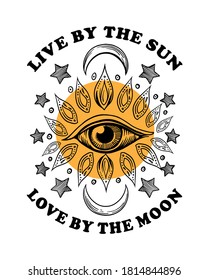 Vive por el sol amor por la luna diseño de la huella de slogan con ojos, luna y estrellas ilustración dibujada a mano con ornamentos