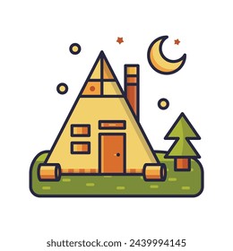 Live in cabin and adventure time icon. Brown log cabin vector illustration at night