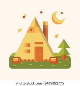 live in the cabin house in the night. holiday at wooden cottage 