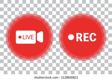 Iconos de cámara en vivo y iconos de grabación aislados en fondo transparente. Transmisión en directo y en directo. Vectores editables.