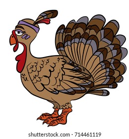 Live cartoon brown turkey with an indian hoop on the head isolated from the side face.