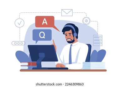 Live chat 2D vector isolated illustration. Operator answering on questions flat character on cartoon background. Colorful editable scene for mobile, website, presentation. Sniglet Regular font used