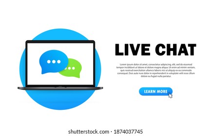 Live chat banner. Message icon in flat design on laptop. Communication. Conversation sign. Vector on isolated white background. EPS 10