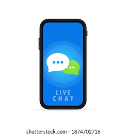 Banner de chat en vivo. Icono de mensaje en diseño plano en smartphone. Comunicación. Signo de conversación. Vector de fondo blanco aislado. EPS 10