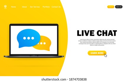 Banner de chat en vivo. Icono de mensaje en diseño plano en portátil. Comunicación. Signo de conversación. Vector de fondo blanco aislado. EPS 10