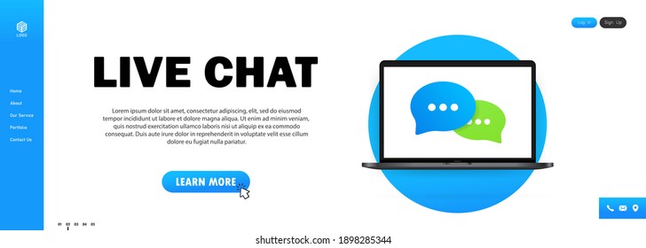 Live chat banner. Message icon in flat design on laptop. Communication. Conversation sign. Vector on isolated white background. EPS 10