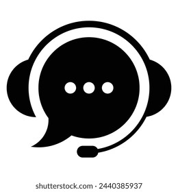 Live chat black icon. Online web support system. Concept of live chat, messages of speech bubble with dots and headphones. Flat vector illustration.