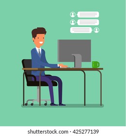 Live chat concept, cartoon businessman is chatting. Flat design, vector illustration.