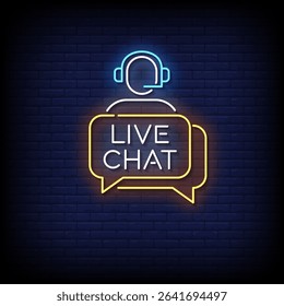 live chat neon sign with brick wall background vector