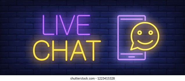 Live chat neon sign. Glowing inscription with mobile screen and emoticon on dark blue brick background. Can be used for internet, chatting, live chat, web, smartphones