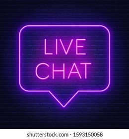 Live chat neon sign on dark background.