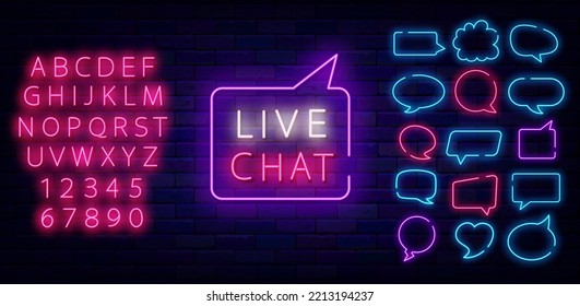Live chat neon sign in speech bubble. Online communication. Help center emblem. Label for radio, talk show and website. Clouds frame collection. Shiny pink alphabet. Vector stock illustration