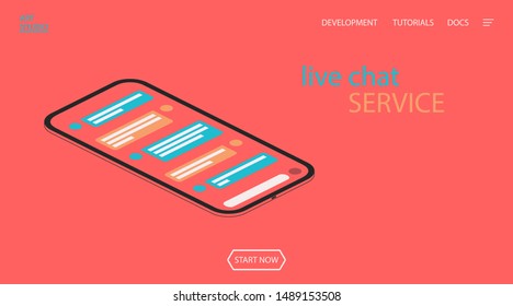 Live chat service. Isometric 3d smartphone with sms message bubbles. Social flat network interface. Vector web media live illustration