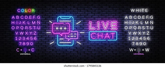 Live chat service neon sign vector. Social media communication, Design template neon sign, light banner, nightly bright advertising. Vector illustration. Editing text neon sign