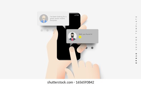 Live chat, smartphone with speech bubble messaging. Chatbot concept. Vector template.