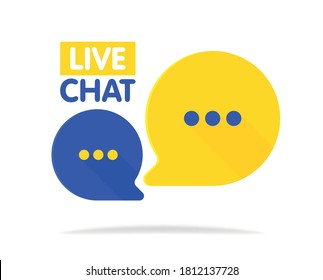 Símbolo de burbujas de discurso de chat en vivo. Ilustraciones vectoriales planas. Concepto de diálogo en directo. Bandera de charla de burbujas aislada en fondo blanco, concepto de mensaje, sms o icono de charla en colores azul y amarillo.