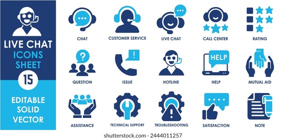 Live Chat and support icon set. Containing helpline, mutual aid, service, technical support, help and so on. Flat live Customer service icon set.